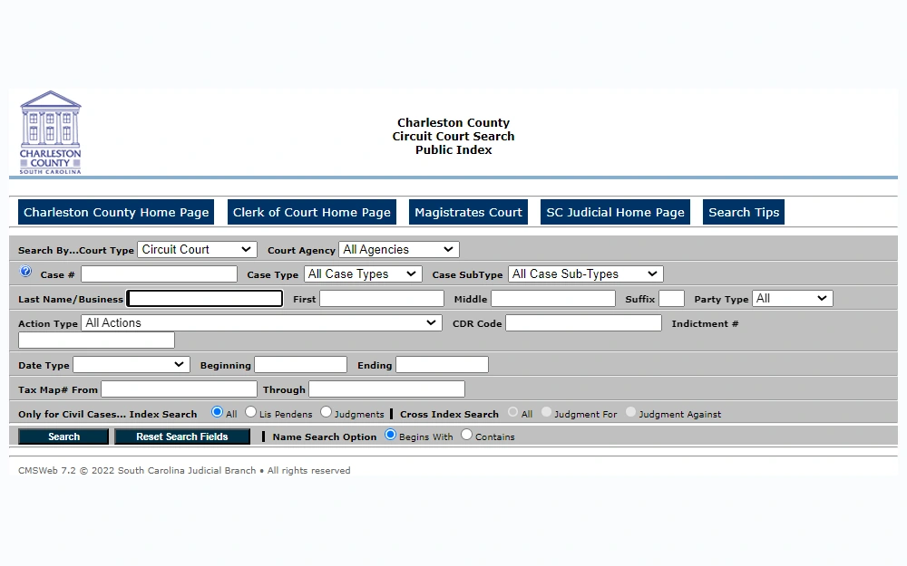 A screenshot from Charleston County Circuit Court Search Public Index page showing the required fields; the searcher must select the court type, court agency, case type, and case sub-type from the dropdown box and input the offender's full name, and to narrow the search searcher can specifically include other necessary info; search and reset button at the bottom, also including the Office logo at the top left corner.