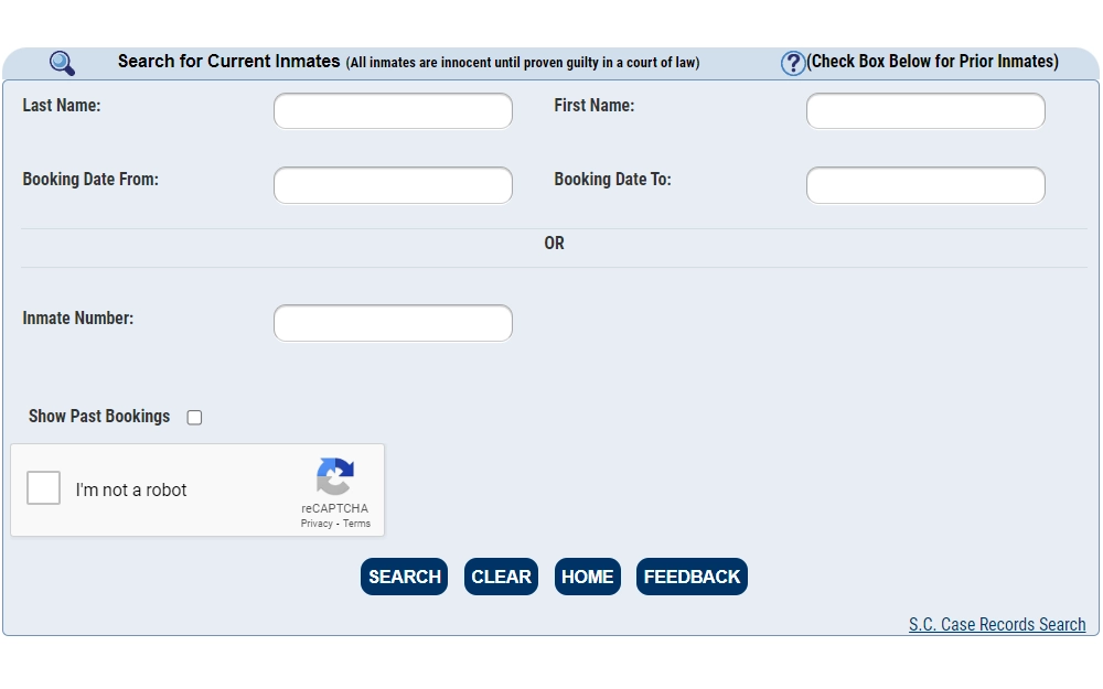 A screenshot of the Inmate Search page on the Charleston Sheriff's Office website displays two search options: by inmate name or number; additionally, there is a checkbox to show past bookings, a captcha to verify that the user is not a robot, and four buttons at the bottom for search, clear, home, and feedback.