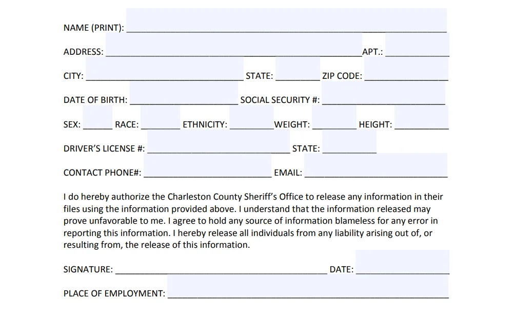 A screenshot of the Criminal Record Request form displays required personal information such as name, address, date of birth, social security number, gender, race, ethnicity, weight, height, driver's license number, state, contact details, and signature with date to authorize the release of information.