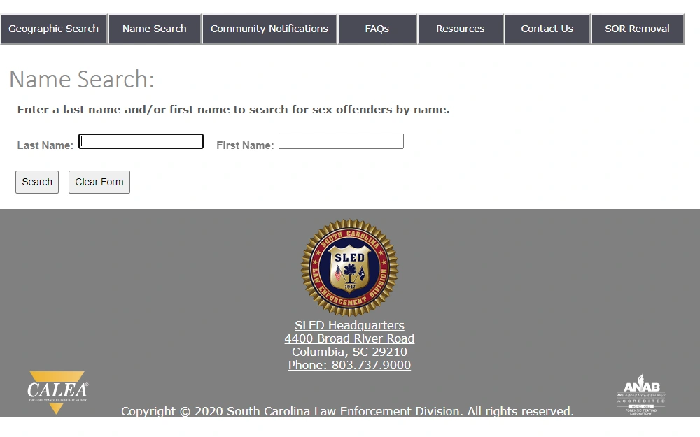 A screenshot from the South Carolina Law Enforcement Division search by name page wherein searchers have to input the offender's first and last name, search and clear form button at the bottom, and the logo of SLED Headquarters.