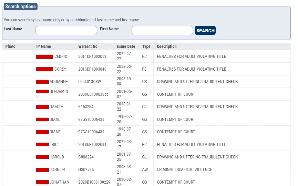 A screenshot of a searchable public database interface listing individuals with issued warrants, showing redacted photos, names, warrant numbers, issue dates, types of offenses, and brief descriptions of the charges.