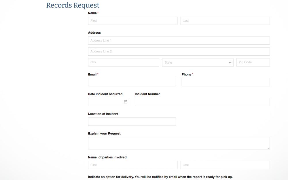 A screenshot of an online form for requesting records, featuring fields for personal information such as name, address, email, phone number, as well as details related to the incident including date, incident number, location, a section to explain the request, and the names of parties involved.
