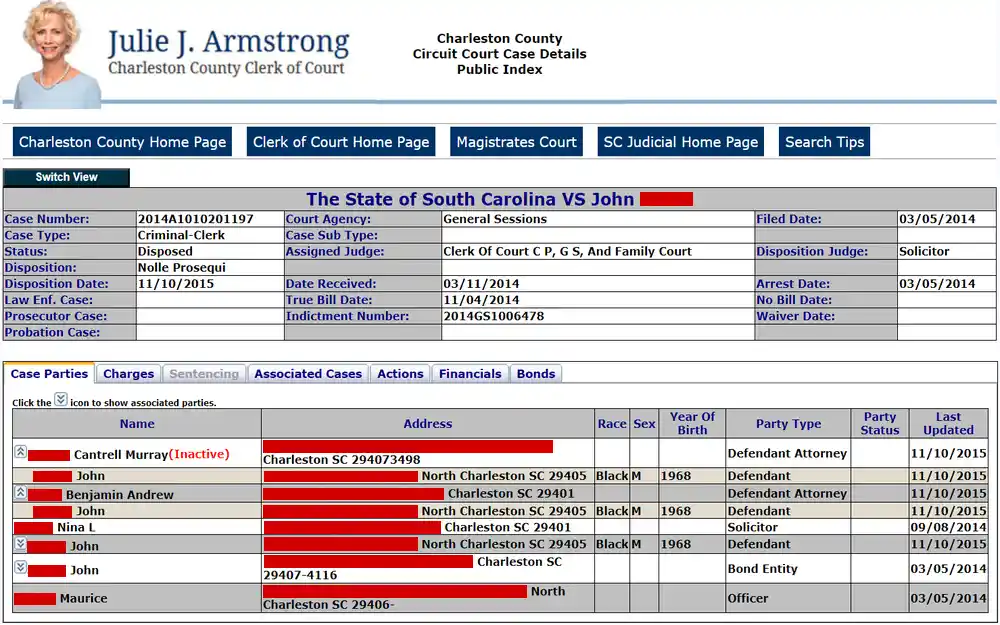 A screenshot of a court case record from a county clerk's online database displays the case number, type, status, parties involved, and other legal details, such as filing and disposition dates, alongside tabs for charges, sentencing, and financials related to the case.