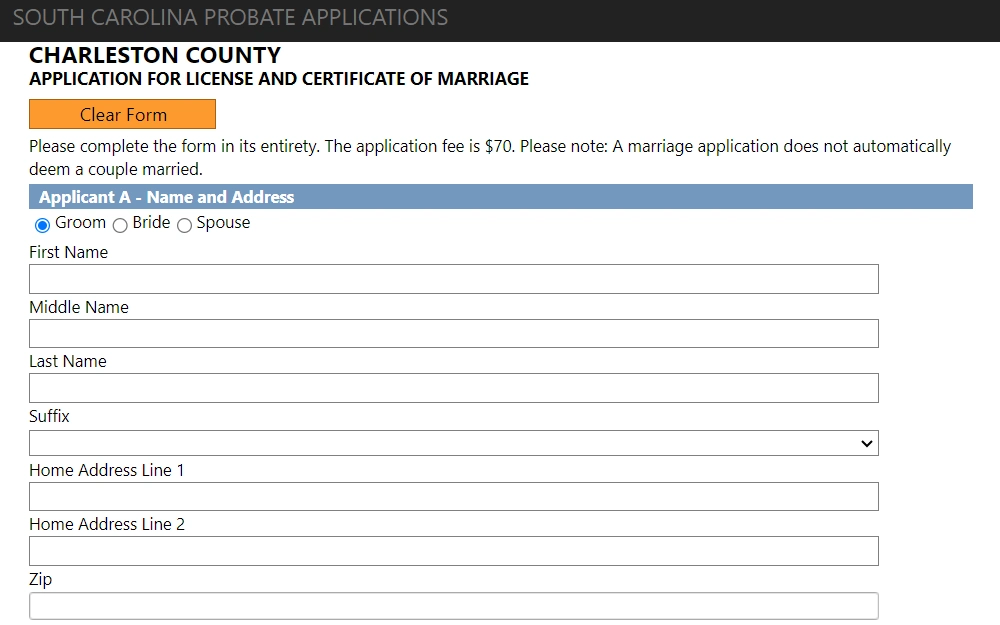 Screenshot of the online application form for marriage license in Charleston County from its probate court, displaying the provided fields for applicant's name and address, and a short note including the fee.