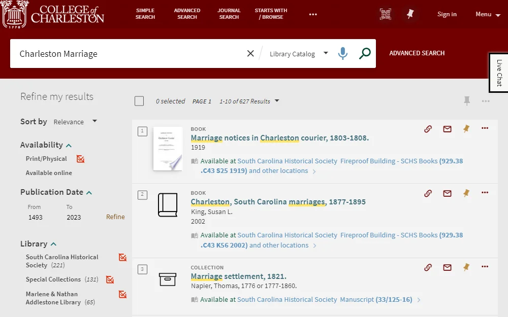 Search results from the online resource of College Of Charleston, showing the archived documents about marriages in the county, displaying their thumbnails, titles, years of publication, and availabilities.