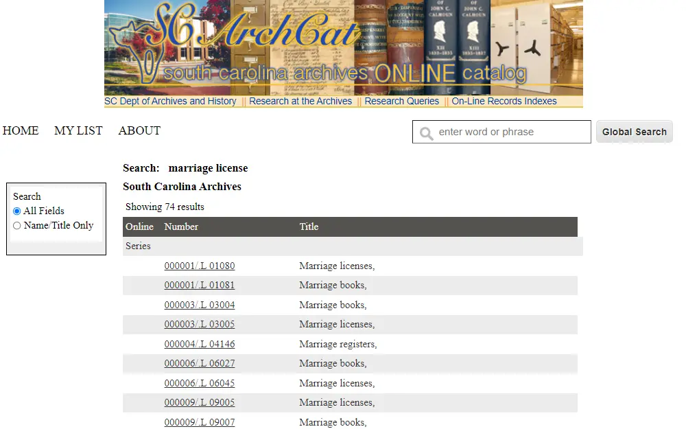 Screenshot from the online catalog of South Carolina, showing a small search bar with a magnifying glass icon, a text box containing search options, and the results of marriage licenses search, listing the document numbers and corresponding titles.