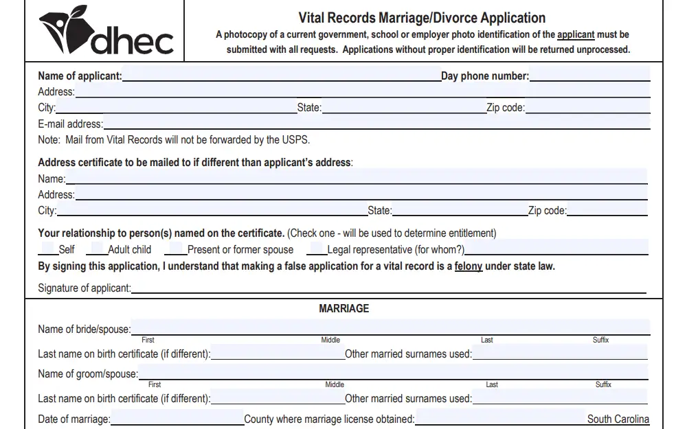 A marriage application form from the South Carolina Department of Health & Environmental Control, displaying the first two sections with spaces provided for applicant's name, address, and contact number, names of both bride and groom, marriage date, and county where the license was obtained.