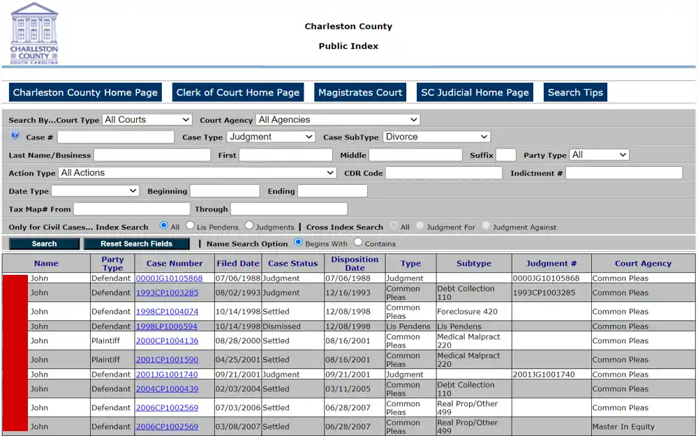 A screenshot shows a search interface from the Charleston County Public Index, detailing various legal cases involving multiple individuals with the same name, the case numbers, file dates, case statuses, dispositions, and types, including Common Pleas and other civil matters, with options for refining the search by case type and other criteria.