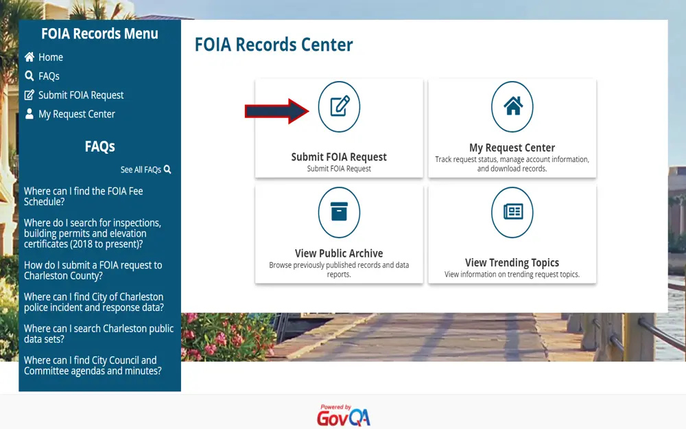 A screenshot from the FOIA (Freedom of Information Act) Records Center, featuring options to submit a FOIA request, access a public archive, view trending topics, and manage submitted requests, along with a FAQ section providing information on how to submit a request and find specific types of public records.