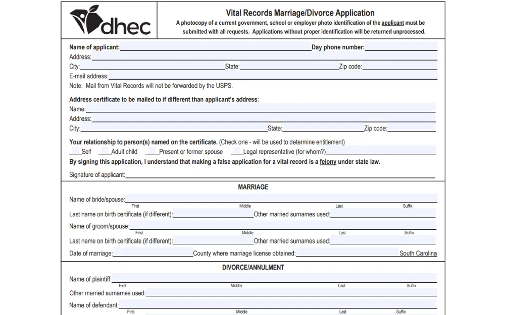 A screenshot of an application form for obtaining marriage or divorce records from the South Carolina Department of Health and Environmental Control, with sections for the applicant's information, signature, relationship to the person(s) on the certificate, and details about the bride, groom, and other parties related to a marriage or divorce proceeding.