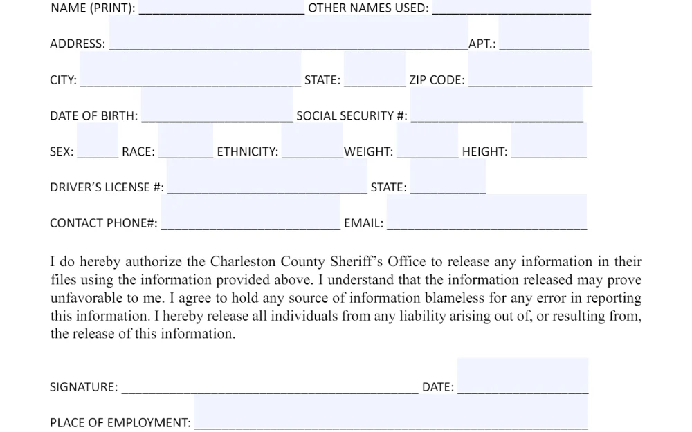 A screenshot of the Criminal Record Request form displays required personal information such as name, address, date of birth, social security number, gender, race, ethnicity, weight, height, driver's license number, state, contact details, and signature with date to authorize the release of information.