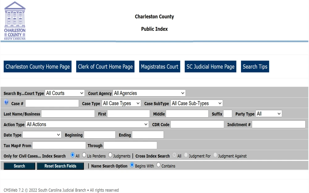 A screenshot from Charleston County Circuit Court Search Public Index page showing the required fields; the searcher must select the court type, court agency, case type, and case sub-type from the dropdown box and input the offender's full name, and to narrow the search searcher can specifically include other necessary info; search and reset button at the bottom, also including the Office logo at the top left corner.