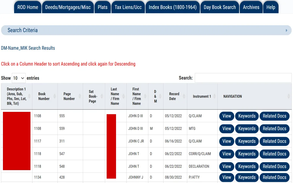 Charleston County Register of Deeds Office property records (page 1: 10 of 14 entries) show property details, including description/location, book number, page number, book page, last name/firm name, first name/firm name, record date, and navigation buttons for viewing keywords and related docs, along with a search bar at the top right.