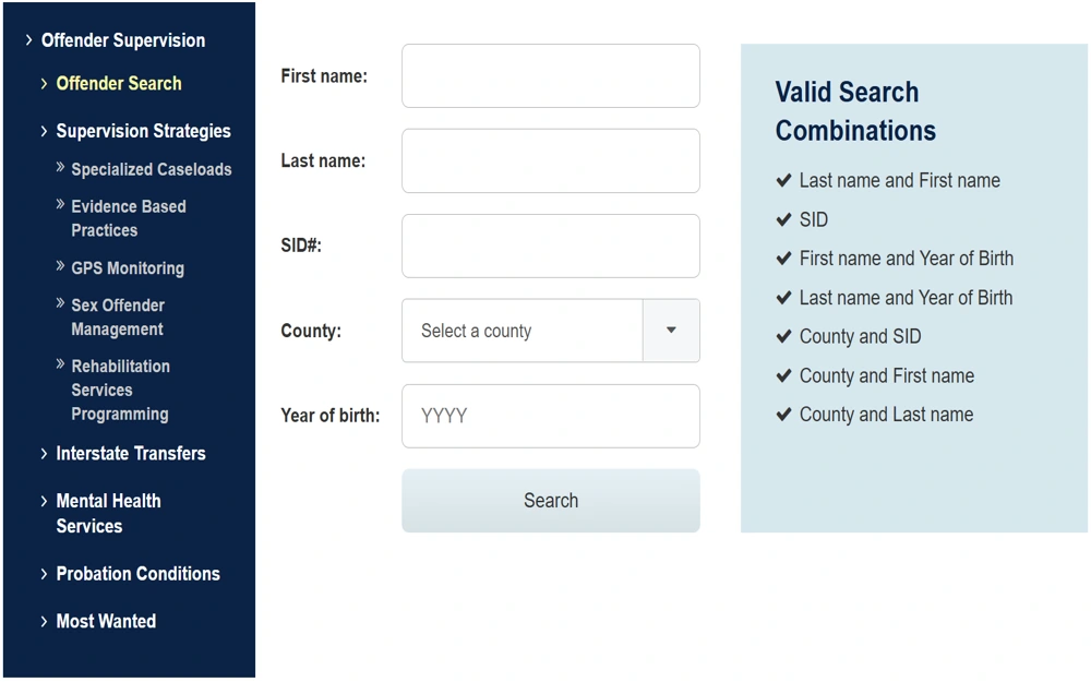 A screenshot from the South Carolina Department of Probation, Parole, and Pardon Services shows its offender search page, which requires the searcher to input the offender's first and last name, SID#, county, and year of birth the narrow the search; search button at the bottom.