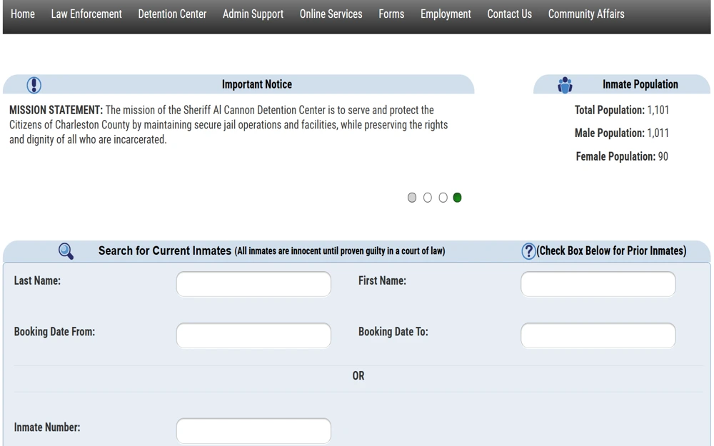 A screenshot of the Inmate Search page on the Charleston Sheriff's Office website displays two search options: by inmate name or number; additionally, there is a checkbox to show past bookings, a captcha to verify that the user is not a robot, and four buttons at the bottom for search, clear, home, and feedback.