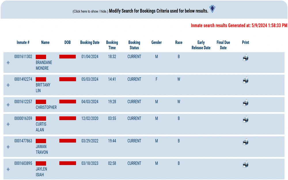 A Charleston Sheriff's Office inmate search screenshot displays inmate details, including number, name, DOB, booking date and time, status, and a dropdown box for selecting the number of records per page.