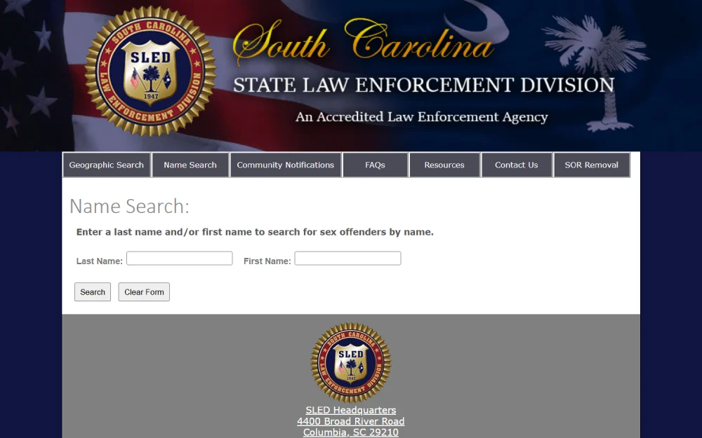 A screenshot from the South Carolina Law Enforcement Division search by name page wherein searchers have to input the offender's first and last name, search and clear form button at the bottom, and the logo of SLED Headquarters.